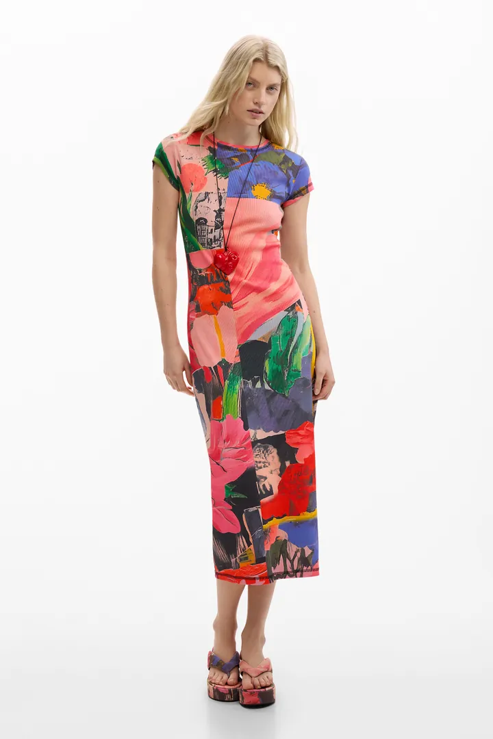 Desigual, Vestido ajustado estampado, Mujer, Algodon, Rojo, L