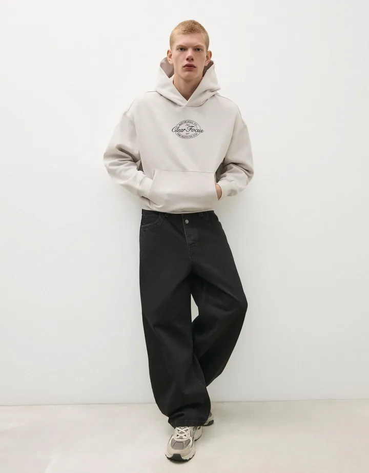 Bershka Sudadera Capucha Print Hombre L Gris