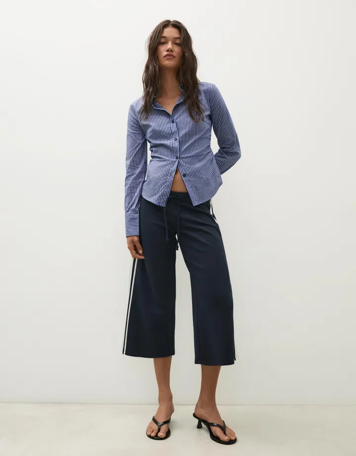 Bershka Camisa Manga Larga Entallada Mujer L Azul