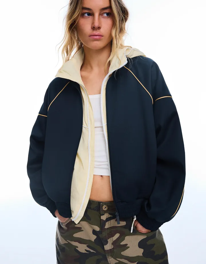 Bershka Chaqueta Cuello Perkins Contraste Mujer L Marino