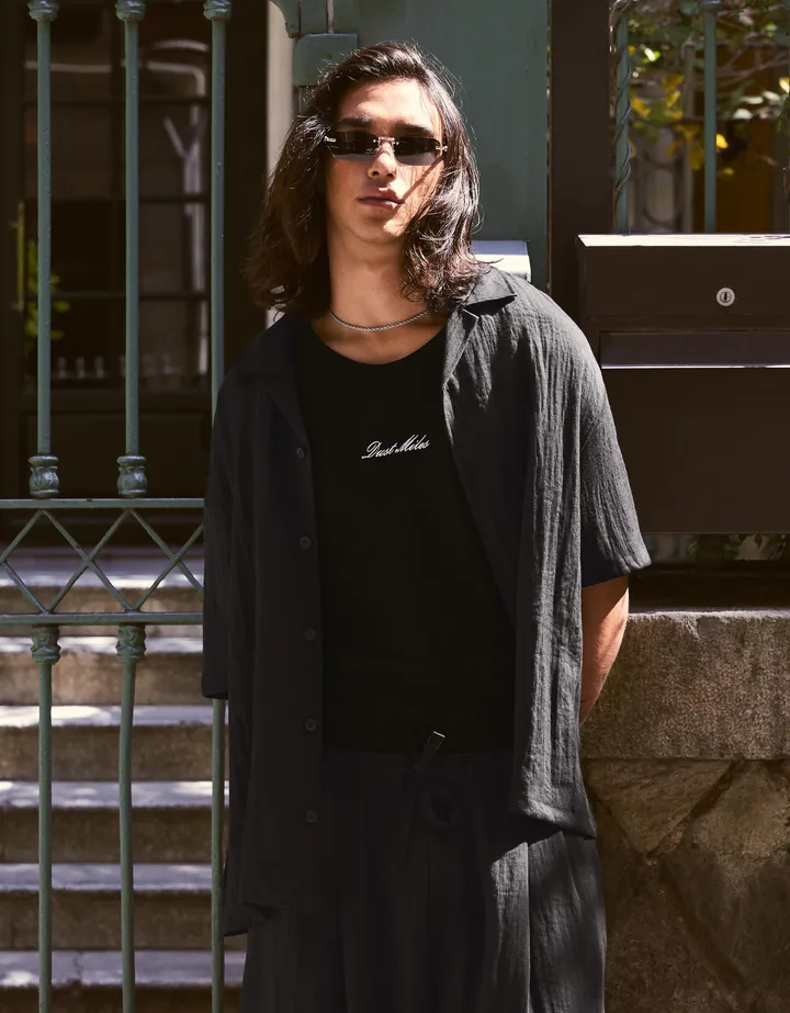 Bershka Camisa Manga Corta Rústica Hombre L Negro