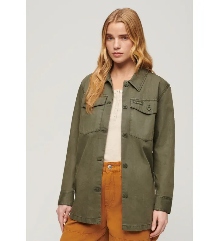 Superdry para mujer. W4010424A Sobrecamisa militar verde (M), Casual, Algodón, Manga larga