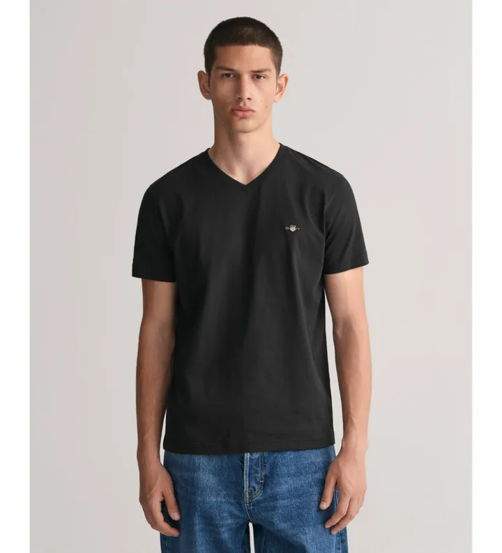 Gant para hombre. 2003186 Camiseta Slim Fit Shield con cuello de pico negro (4XL), Casual, Algodón, Manga corta