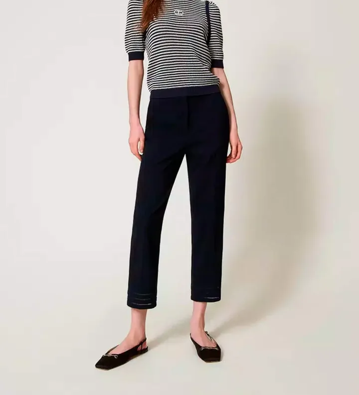 Twinset para mujer. 251TP2042 Pantalón recto con bordados marino (40), Azul, Casual, Poliéster