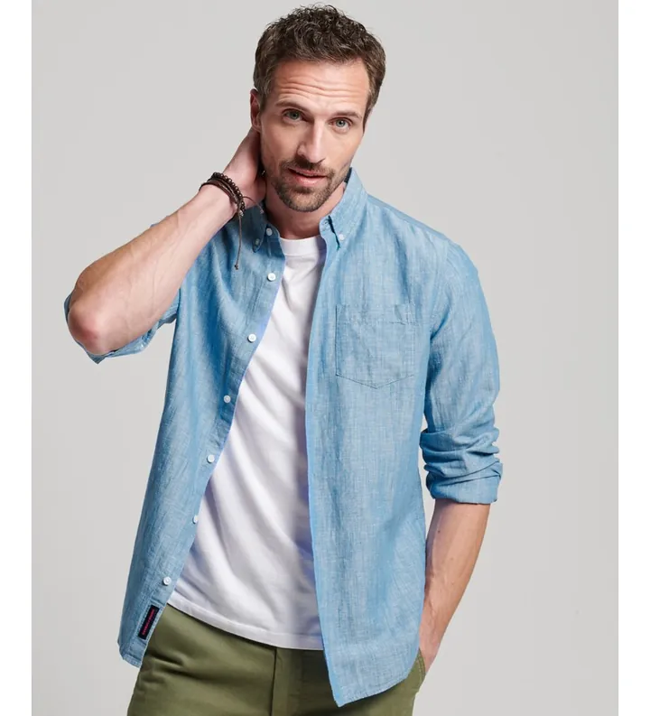 Superdry para hombre. M4010696A Camisa Studios En Lino Y Algodón Orgánico Con Cuello Abotonado azul (XXL), Casual, Manga larga