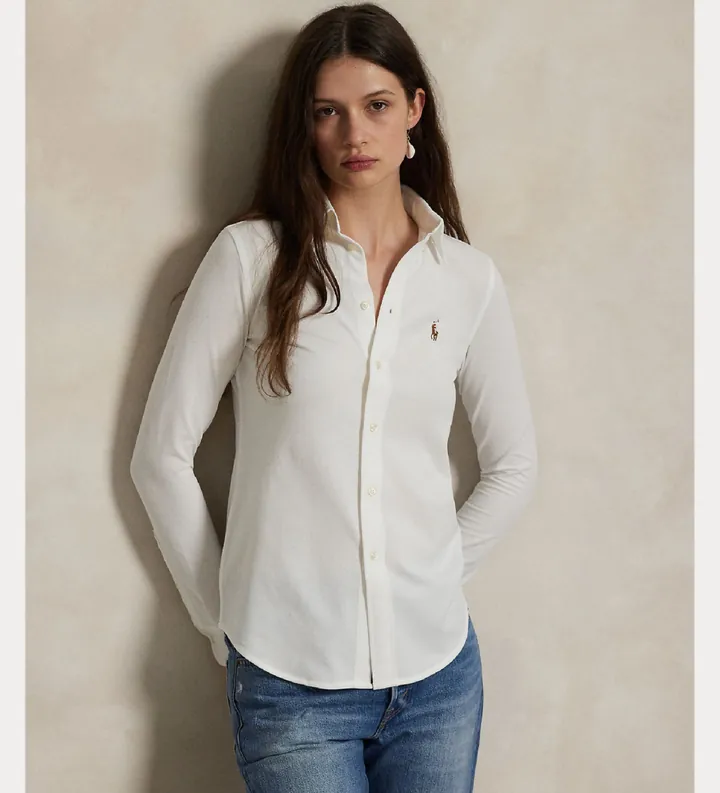 Polo Ralph Lauren para mujer. 211664427003 Camisa oxford Slim Fit punto de algodón blanco (L), Casual, Manga larga