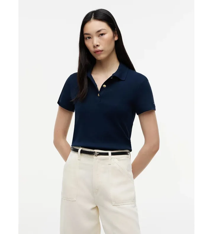 Tommy Hilfiger para mujer. WW0WW49252 Polo de corte slim con botones dorados marino (M), Casual, Algodón, Manga corta