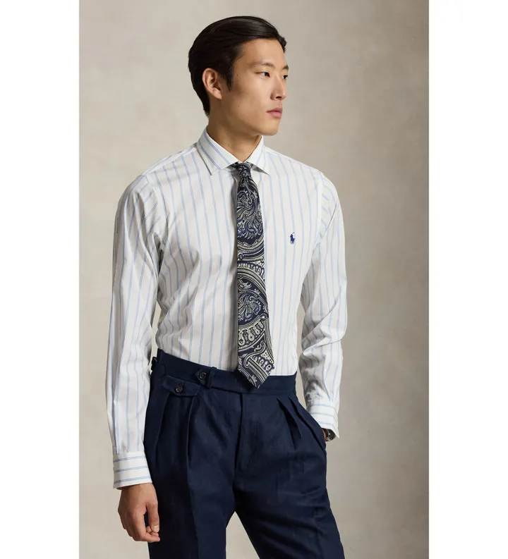 Polo Ralph Lauren para hombre. 712B15309005 Camisa de popelina Custom Fit con rayas blanco, azul (38), Casual, Algodón, Clásico, Manga larga