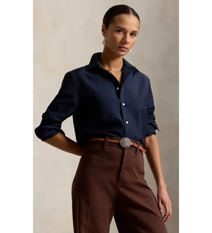 Polo Ralph Lauren para mujer. 211B30368001 Camisa de algodón y seda Relaxed Fit marino (L), Casual, Manga larga