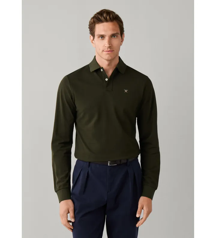Hackett London para hombre. HM5500048 Polo Slim Fit Logo de manga larga verde (L), Casual, Algodón, Clásico