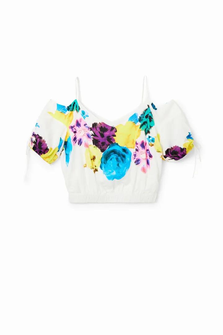 Desigual, Blusa corta fruncido flores M.Christian Lacroix, Viscosa, Blanco, L