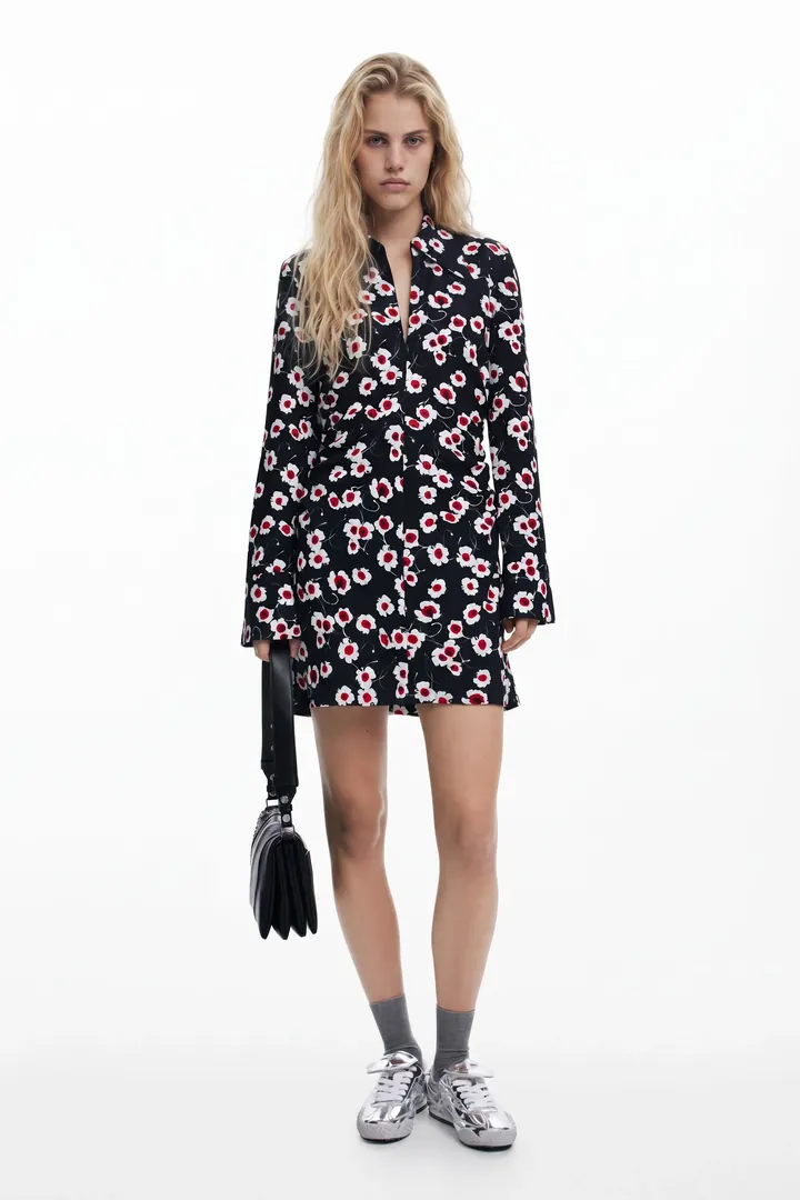 Desigual, Vestido camisero corto flores, Poliester, Negro, L