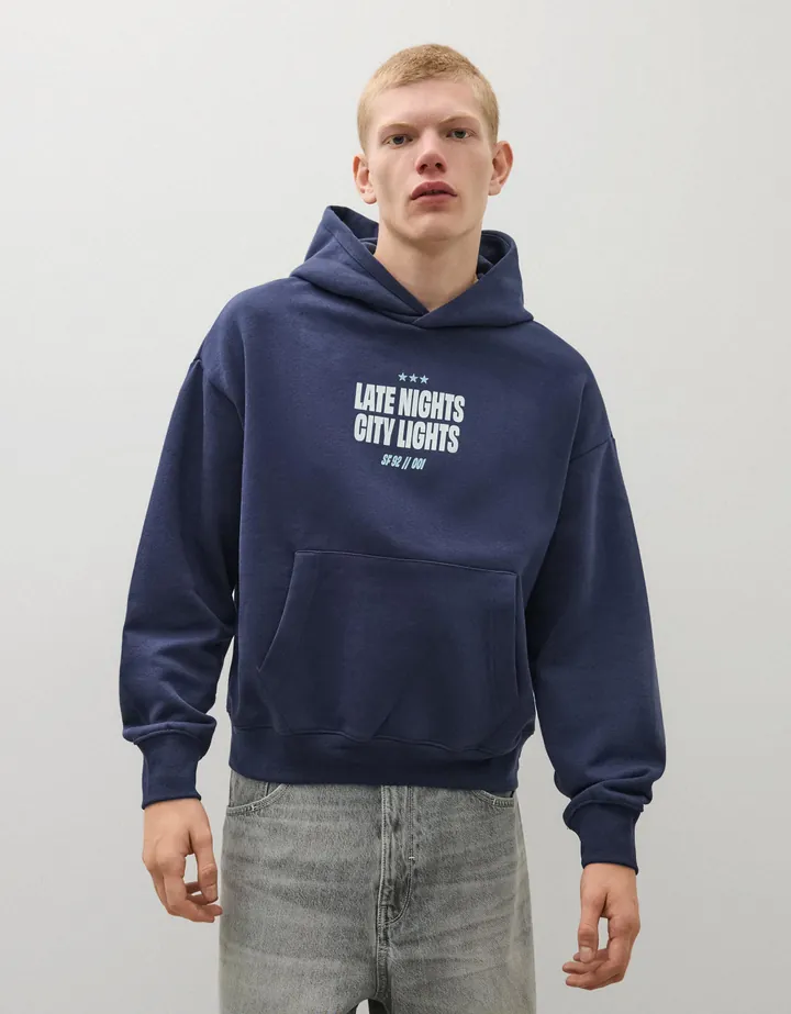 Bershka Sudadera Capucha Print Hombre L Marino