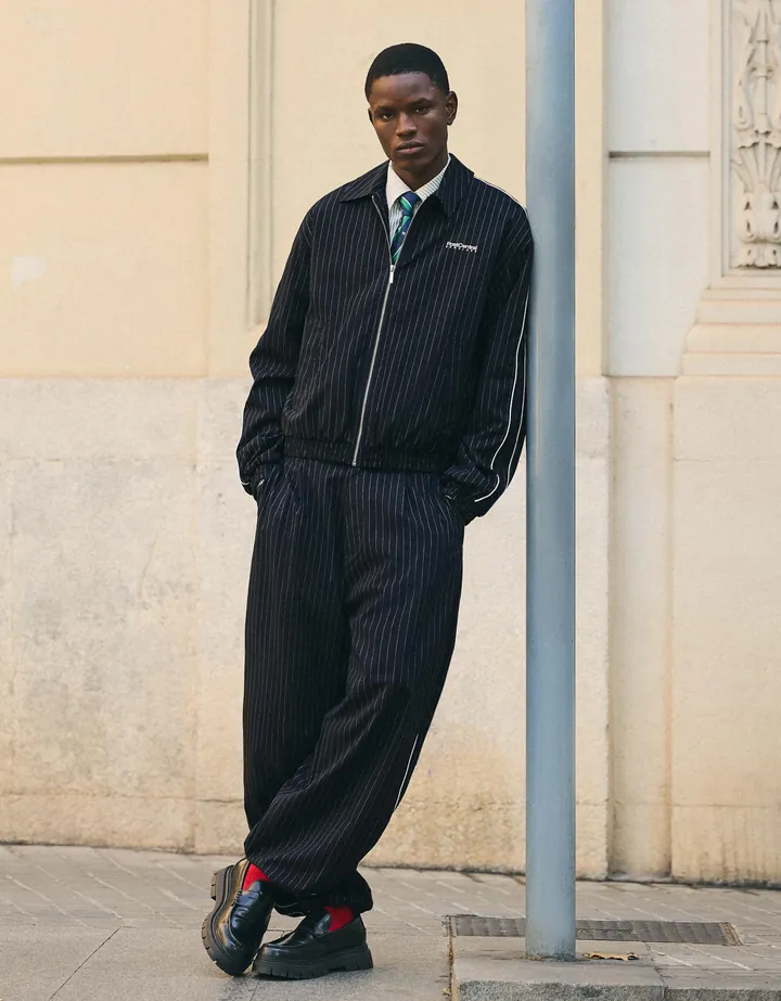 Bershka Pantalón Super Baggy Raya Diplomática Hombre L Marino