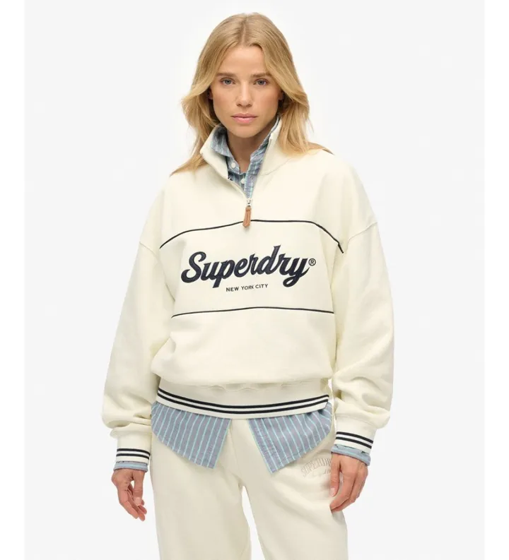 Superdry para mujer. W2012380A Sudadera Country Club Loose 1/4 Zip en blanco roto (L), Casual, Algodón