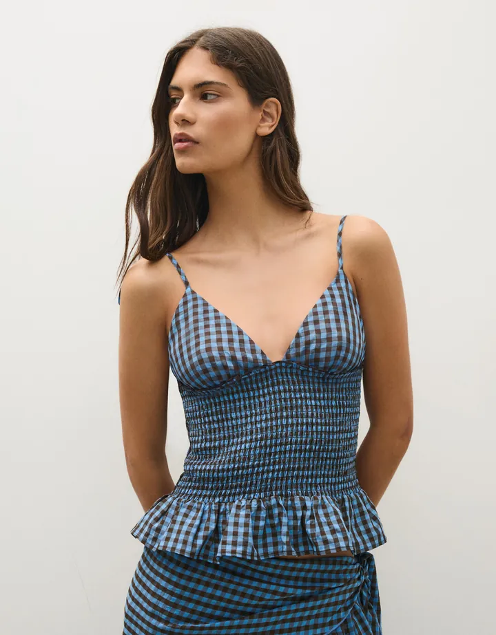 Bershka Top Tirantes Cuadros Nido De Abeja Mujer L Azul