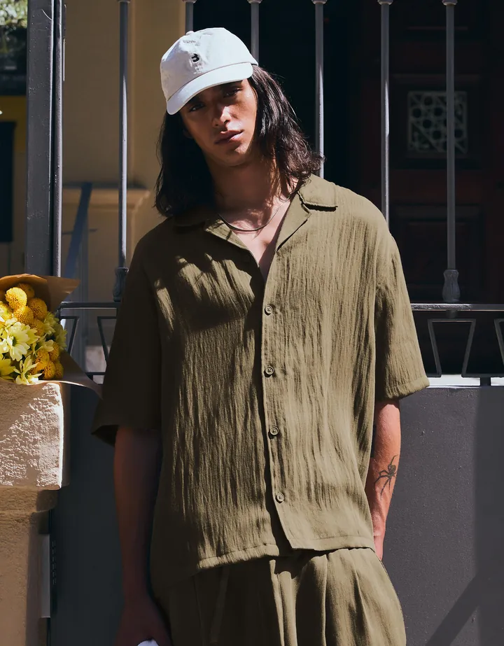 Bershka Camisa Manga Corta Rústica Hombre L Kaki