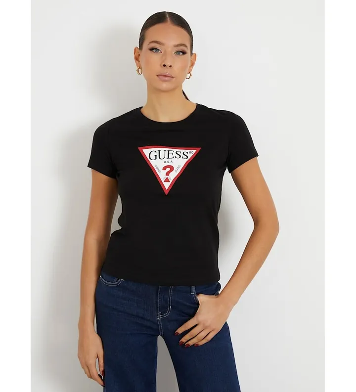 Guess para mujer. W1YI1BI3Z14 Camiseta logotipo triángulo negro (M), Casual, Algodón, Manga corta