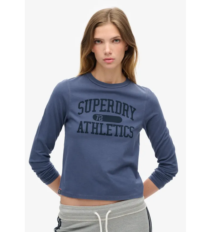Superdry para mujer. W6011962A Camiseta ajustada Athletic Essentials Ringer azul (L), Casual, Algodón, Manga larga