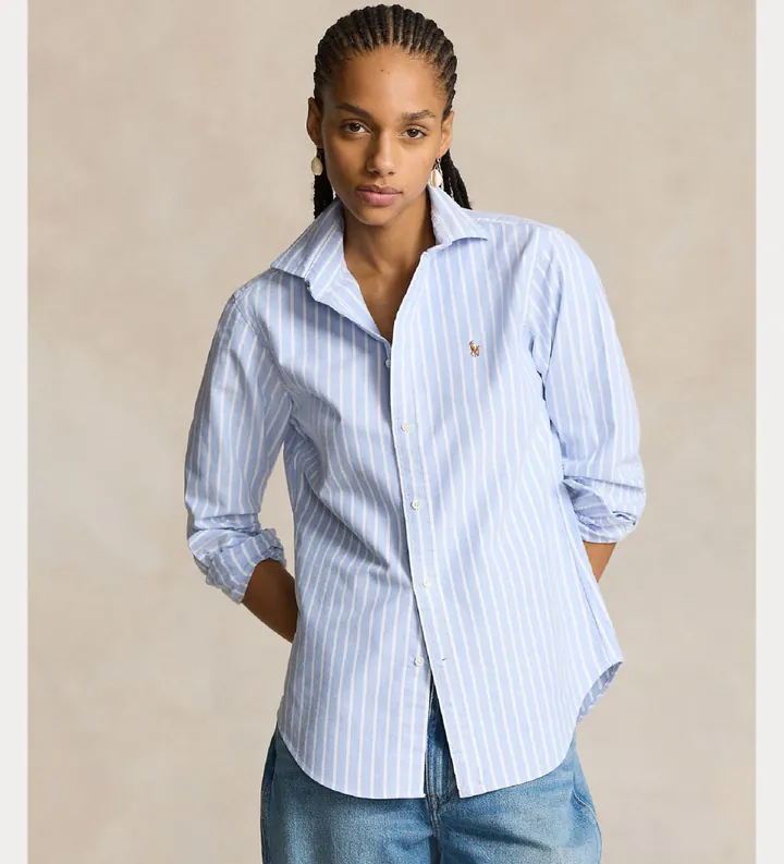 Polo Ralph Lauren para mujer. 211891377004 Camisa oxford con rayas Slim azul (32), Casual, Algodón, Clásico, Manga larga