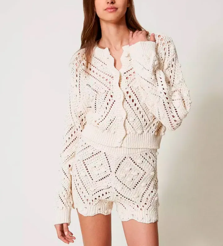 Twinset para mujer. 251TP3541 Cárdigan de punto calado en mezcla de algodón beige (M), Casual