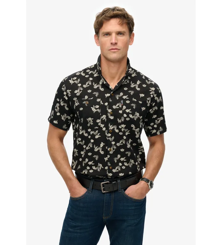 Superdry para hombre. M4010793A Camisa de playa de manga corta negro (L), Casual, Algodón