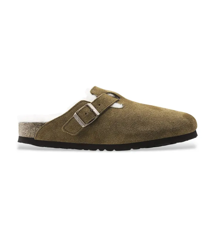 Birkenstock para mujer. 1001141 Zuecos de Piel Boston con Lana de borrego (Ajuste Estrecho) marrón (36), Plano, Ninguno, Casual