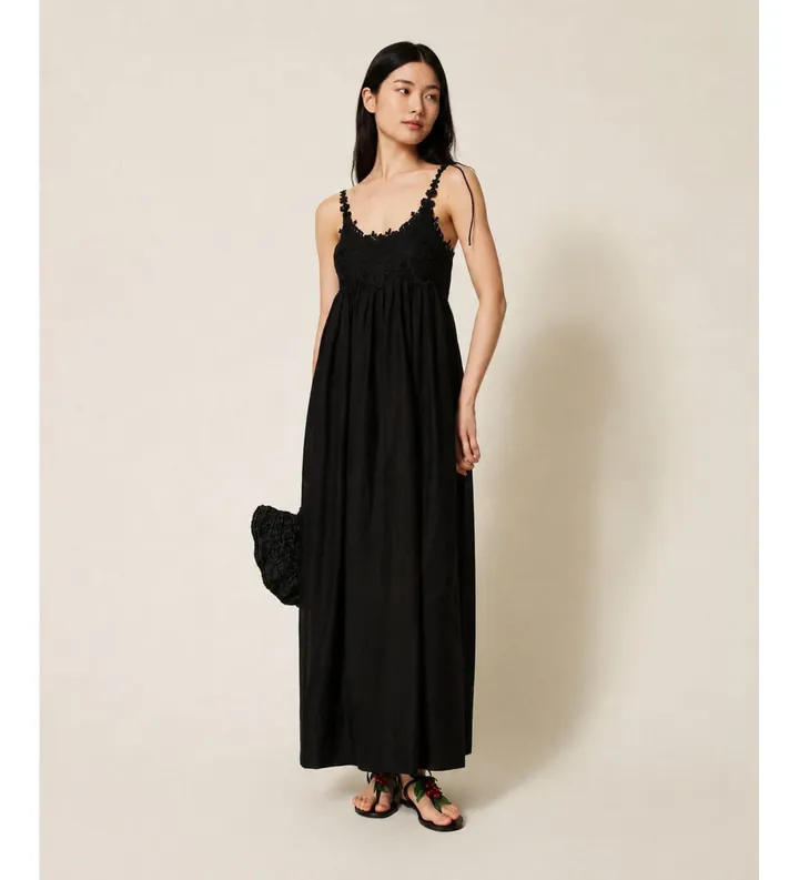 Twinset para mujer. 261TT2140 Vestido largo con vuelo negro (44), Casual, Algodón, Sin mangas / Tirantes