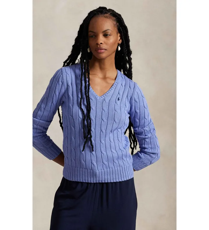 Polo Ralph Lauren para mujer. 211971870005 Jersey de algodón en punto de ochos azul (L), Casual, Manga larga