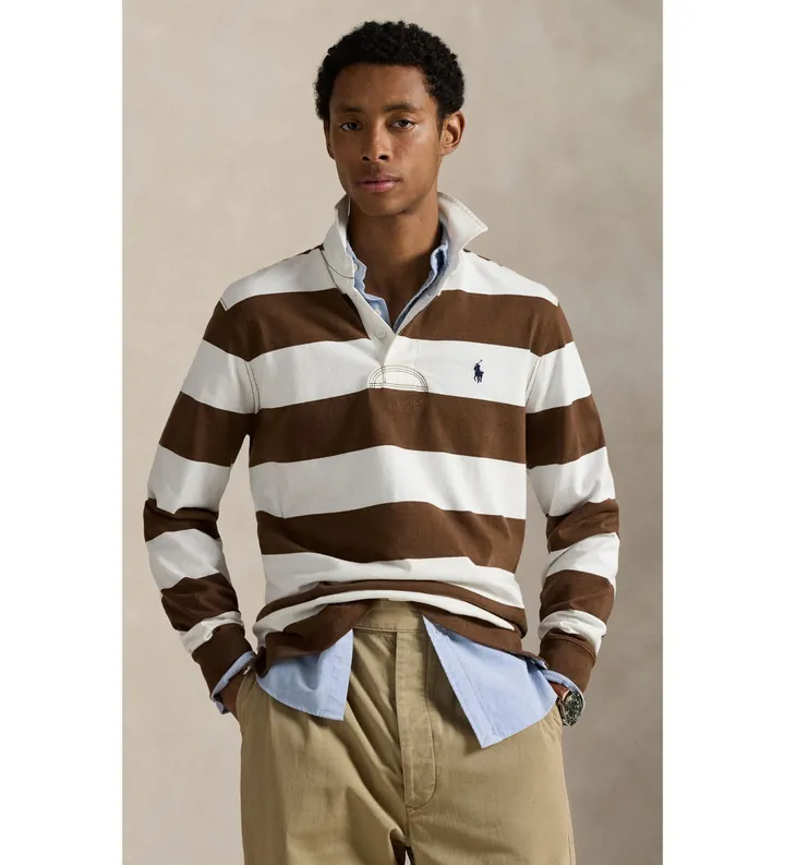 Polo Ralph Lauren para hombre. 710717116055 Camisa de rugby icónica marrón (L), Casual, Algodón, Manga larga