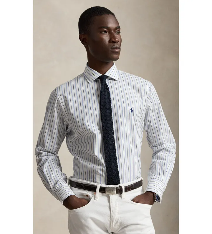 Polo Ralph Lauren para hombre. 712B15309006 Camisa de popelina Custom Fit con rayas blanco (37), Casual, Algodón, Clásico, Manga larga