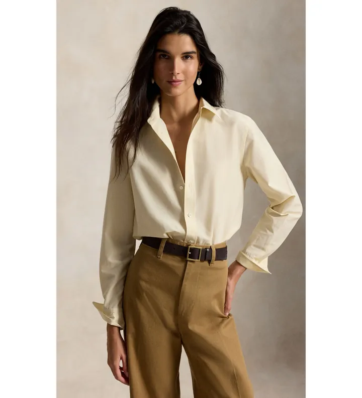 Polo Ralph Lauren para mujer. 211B30368006 Camisa de algodón y seda Relaxed Fit beige (L), Casual, Manga larga