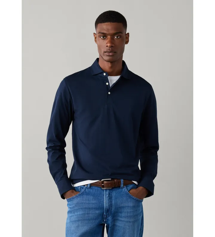 Hackett London para hombre. HM5500049 Polo de manga larga Pima marino (L), Casual, Algodón, Clásico