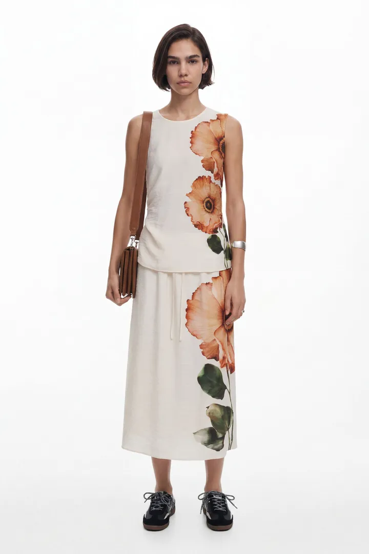 Desigual, Falda midi flores, Negro, L