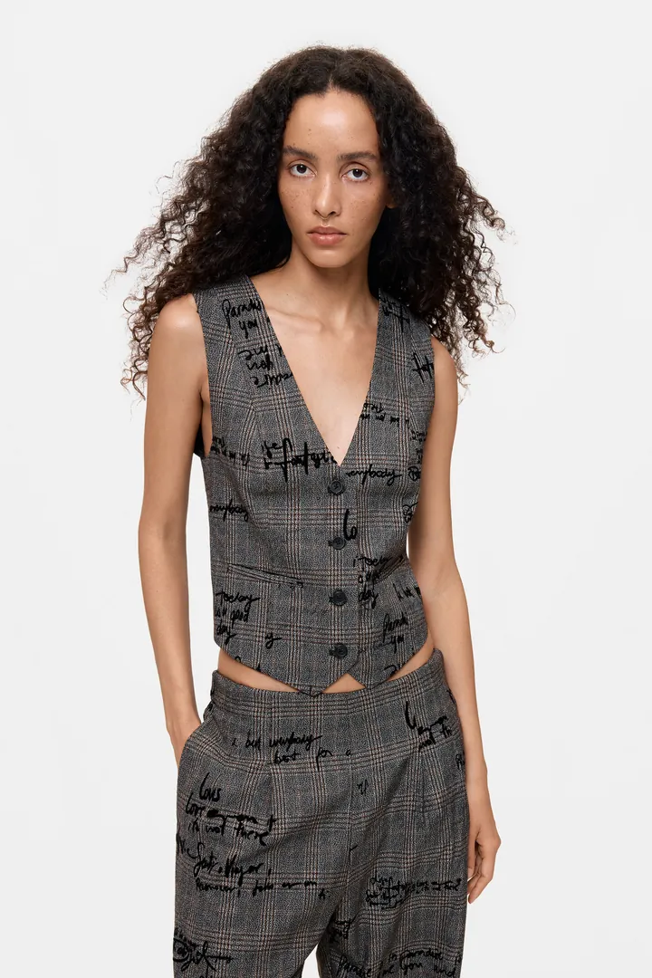 Desigual, Chaleco cuadros lettering, Mujer, Negro, L