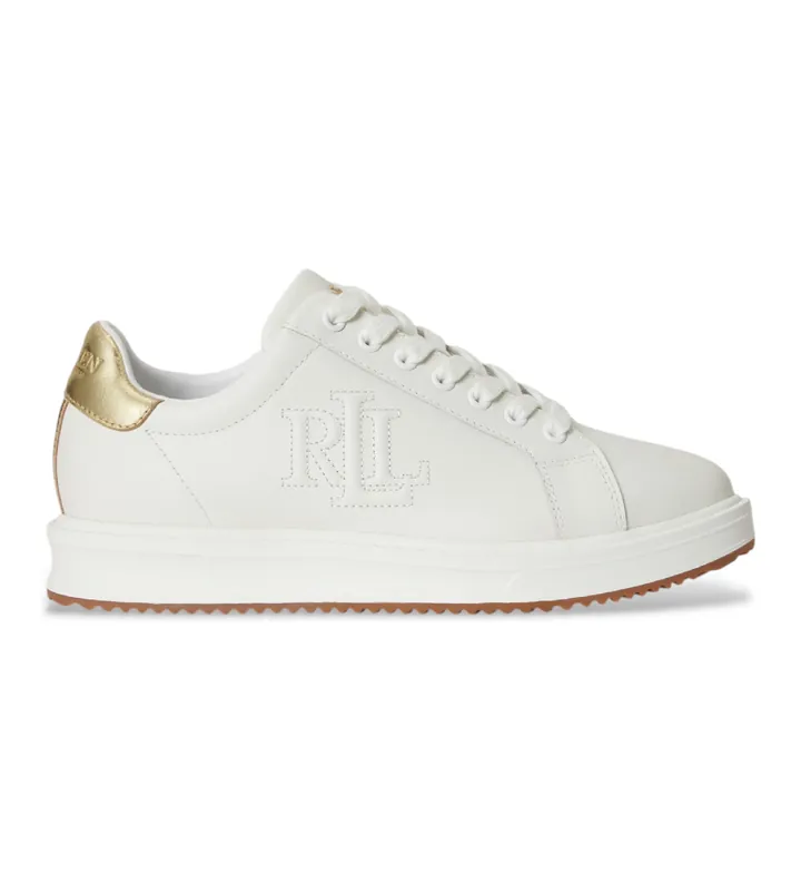 Lauren Ralph Lauren para mujer. 802974379002 Zapatillas Ainsley de piel con ribete blanco (36), Plano, Cordones, Casual, Deportivo