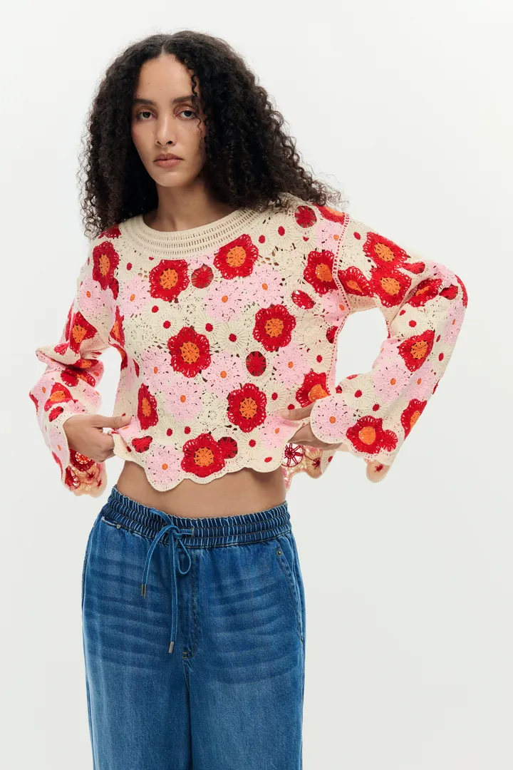 Desigual, Top crochet multicolor, Mujer, Blanco, L