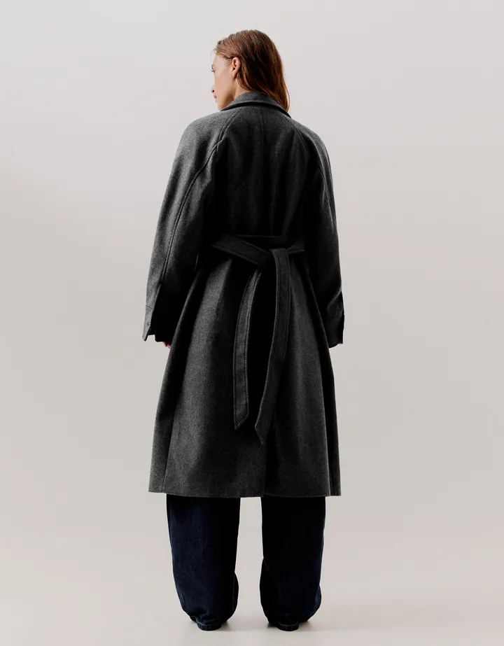 Bershka Abrigo Largo Soft Cinturón Mujer L Gris Oscuro