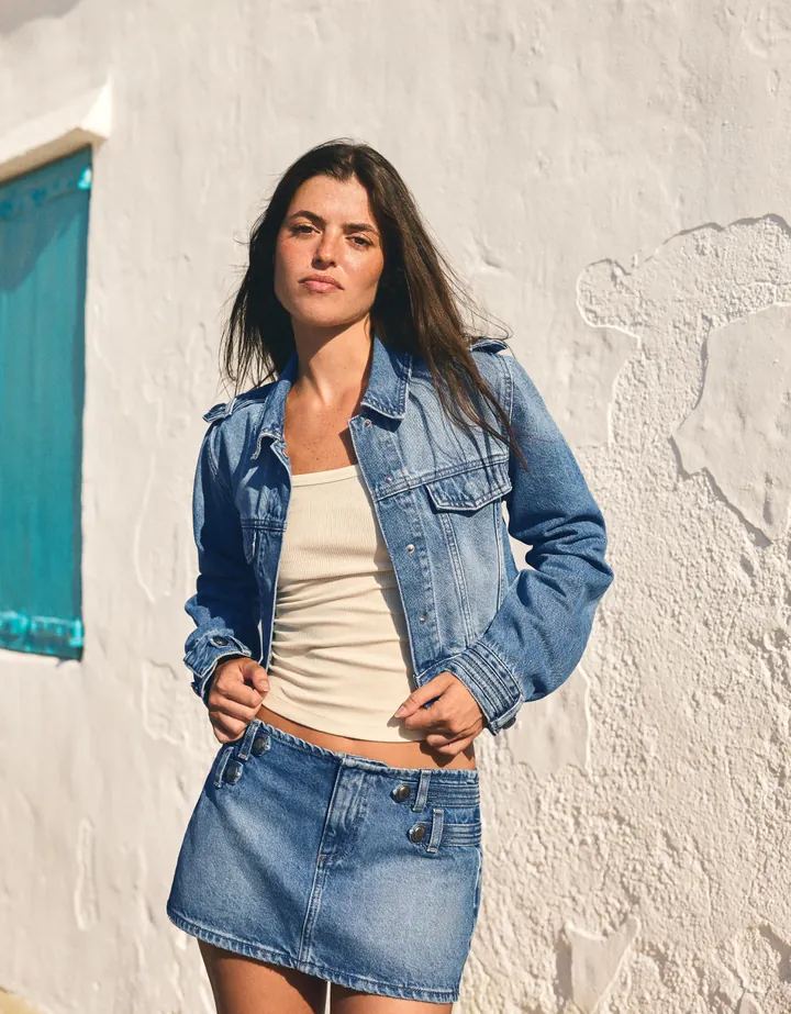 Bershka Chaqueta Denim Cropped Mujer L Azul Lavado