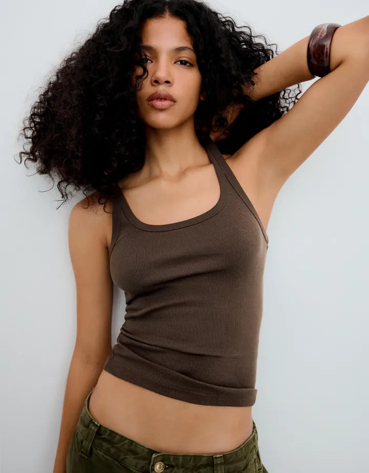 Bershka Camiseta Tirantes Rib Mujer L Marrón