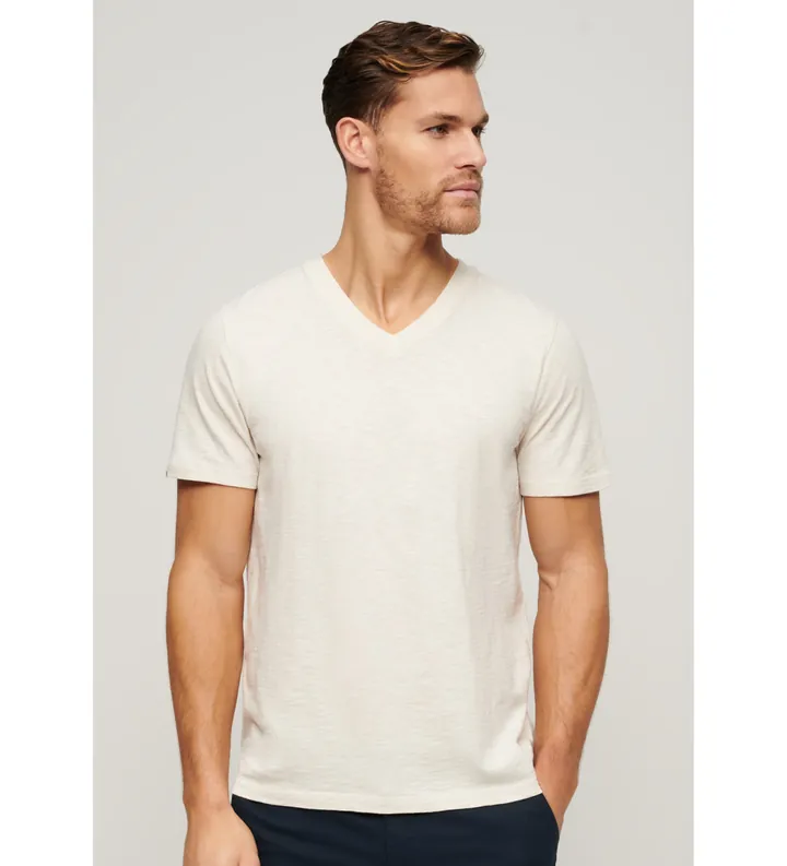 Superdry para hombre. M1011889A Camiseta flameada con cuello en V blanco roto (L), Casual, Algodón, Manga corta