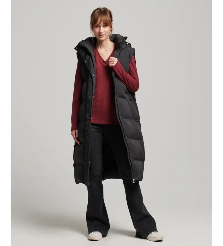 Superdry para mujer. W5011641A Chaleco acolchado largo con capucha negro (L), Casual, Poliéster Reciclado, Sostenible