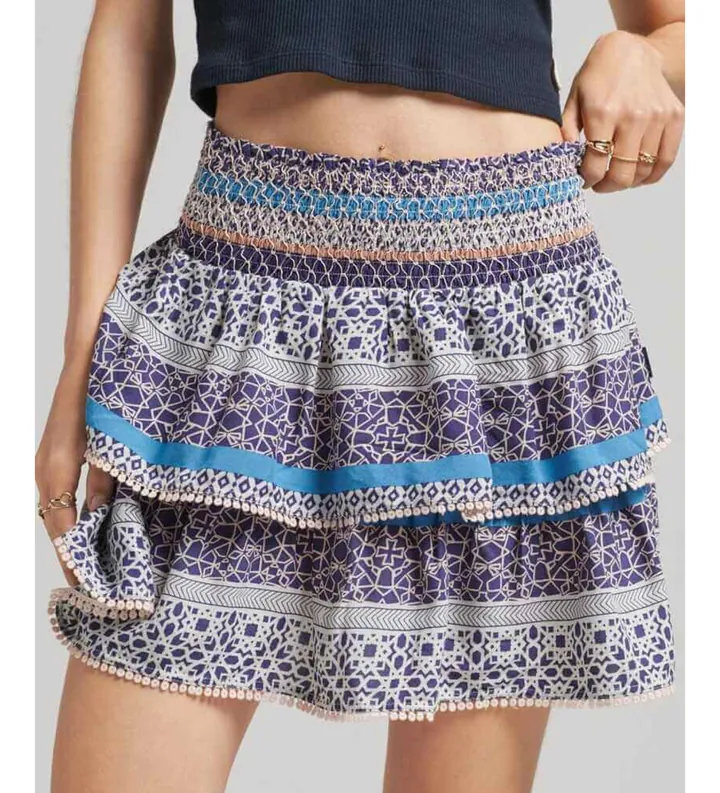 Superdry para mujer. W7210264A Minifalda escalonada con logotipo Vintage Logo azul (L), Casual, Viscosa
