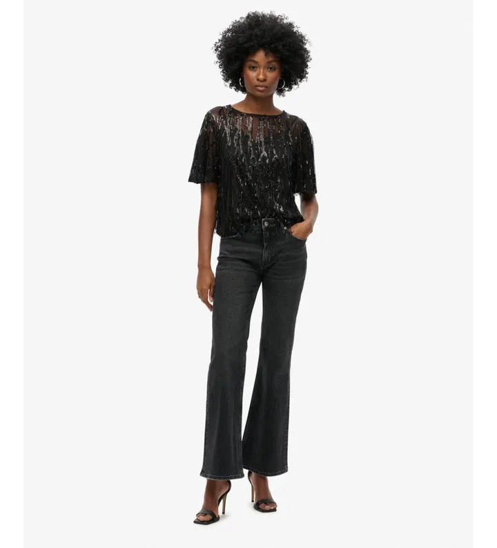 Superdry para mujer. W6011972A Camiseta transparente con lentejuelas negro (10), Casual, Fiesta, Poliéster, Manga corta