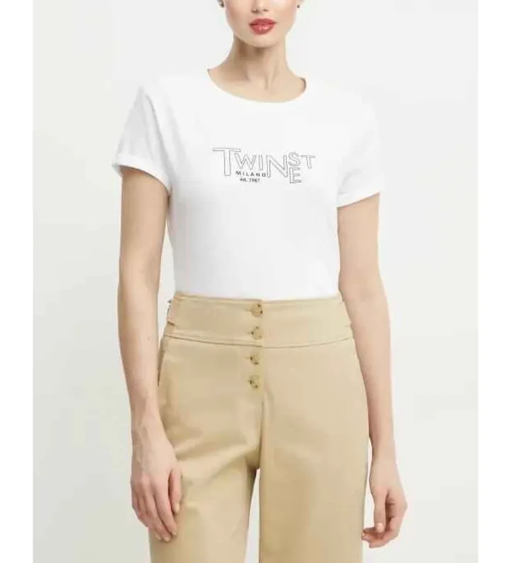Twinset para mujer. 251TP2540 Camiseta logotipo blanco (L), Casual, Algodón, Manga corta