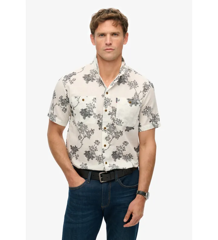 Superdry para hombre. M4010793A Camisa de playa de manga corta blanco (L), Casual, Algodón