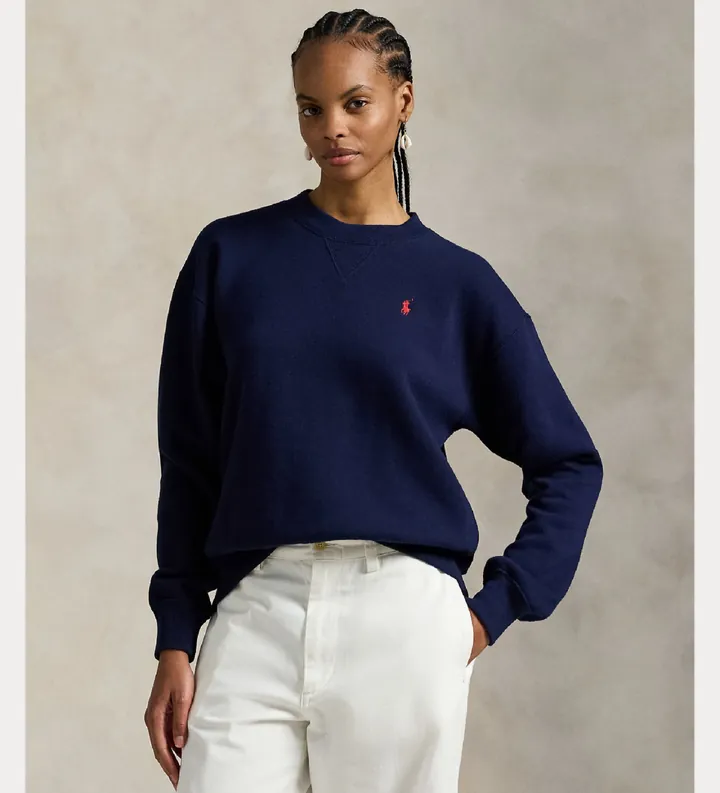 Polo Ralph Lauren para mujer. 211971697002 Sudadera de felpa con cuello redondo marino (L), Casual, Algodón