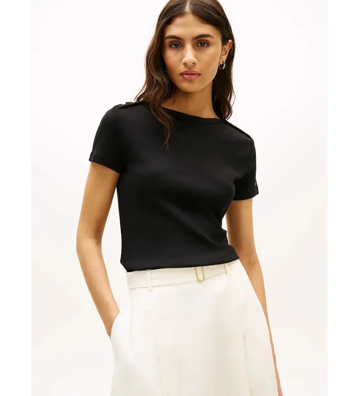 Tommy Hilfiger para mujer. WW0WW49250 Camiseta slim de cuello barco con botones negro (M), Casual, Algodón, Manga corta