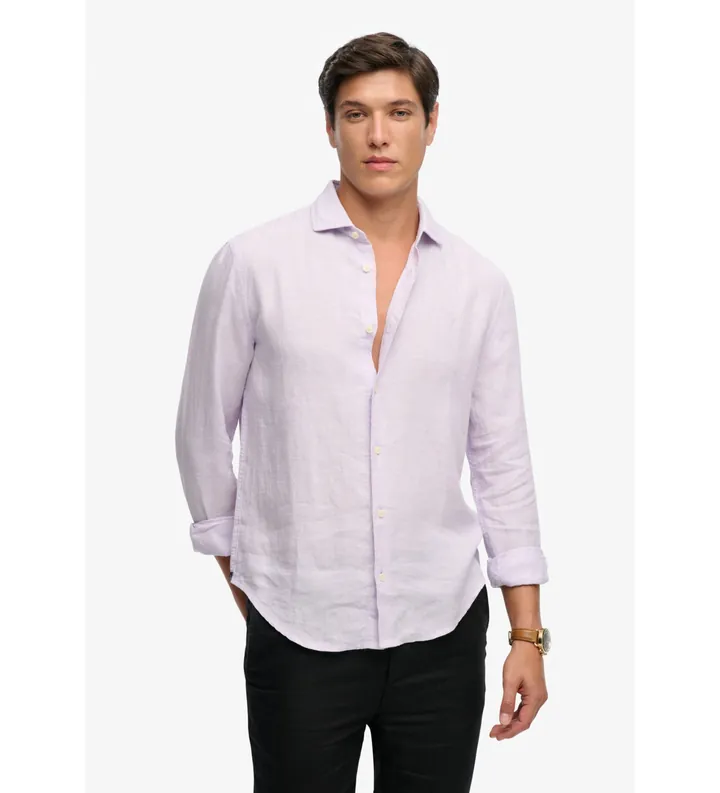 Superdry para hombre. M4011103A Camisa Riviera Lino lila (L), Casual, Manga larga