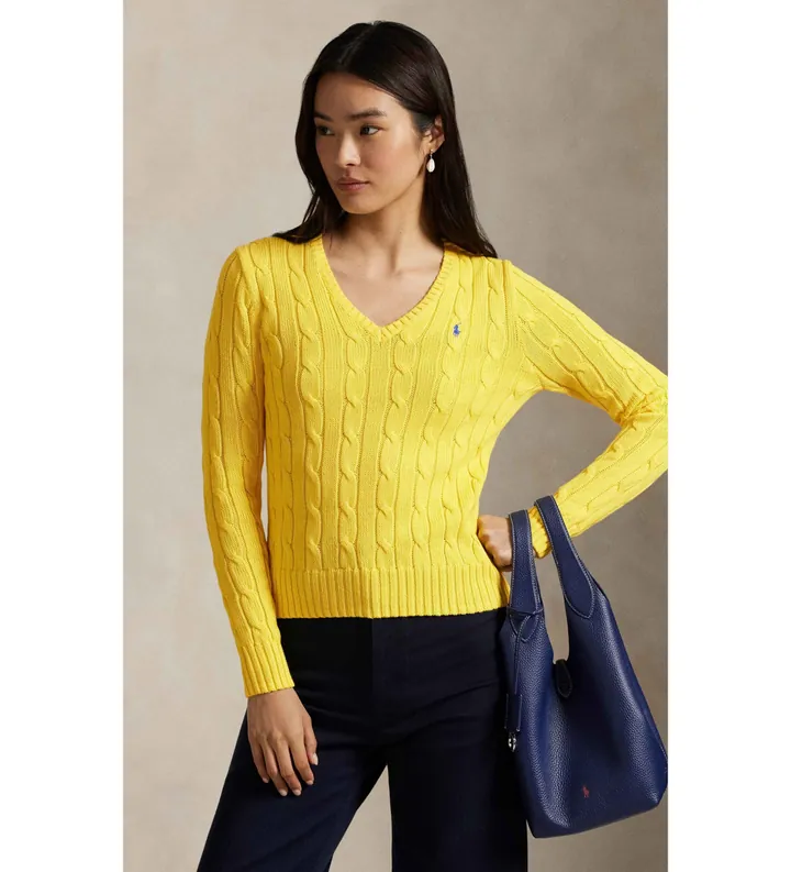 Polo Ralph Lauren para mujer. 211971870009 Jersey de algodón en punto de ochos amarillo (L), Casual, Clásico